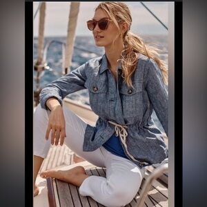 J. Jill Love Linen Casual Blue Tie Waist 100% Linen Utility Chore Jacket